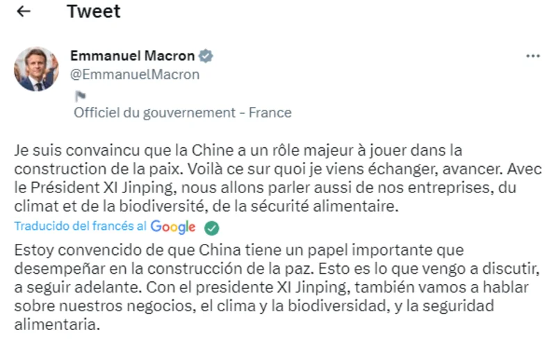 Emmanuel Macron, Xi Jinping, Francia, China, Guerra Rusia Ucrania.